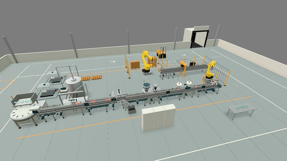 Soap production line with bottle feeding, filling, inspection and capping in front, and packing and palletizing robots behind